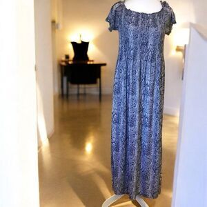 Blue Floral Maxi Dress Womens L Boho Chic A-Line Cottagecore V-Neck Summer Gown